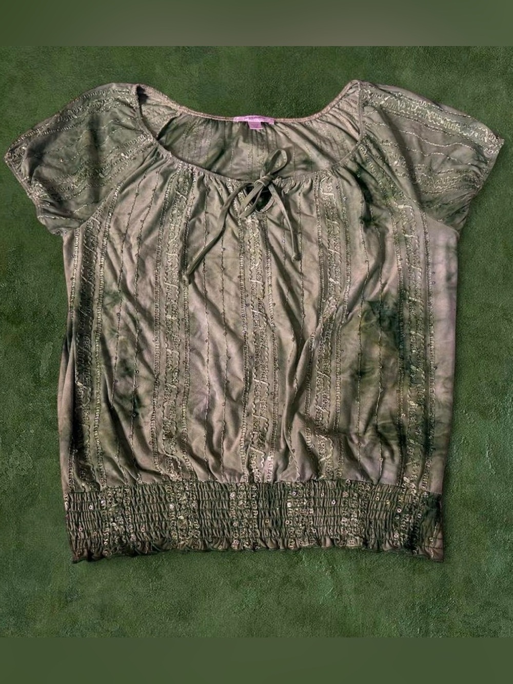 dressbarn Olive Green Short Sleeve Tie-Front Peasant Blouse